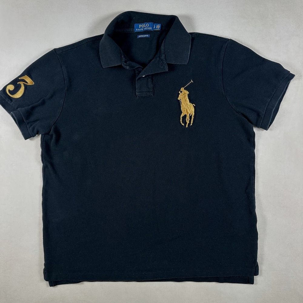 Polo Ralph Lauren Polo Shirt Mens L Custom Slim Fit Black Big Pony Gold Logo
